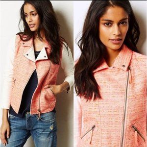 Elevenses Anthropologie Bright Coral White Tweed Lined Zip Front Moto Jacket 6